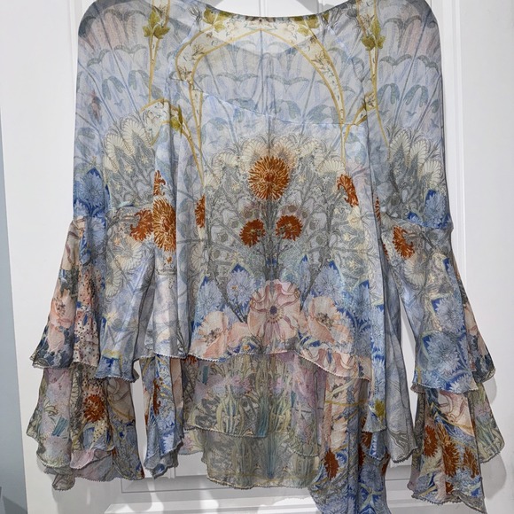 Camilla Flared Layered Blouse Morris Muse Bell Sleeves 100% Silk Rhinestones Lg